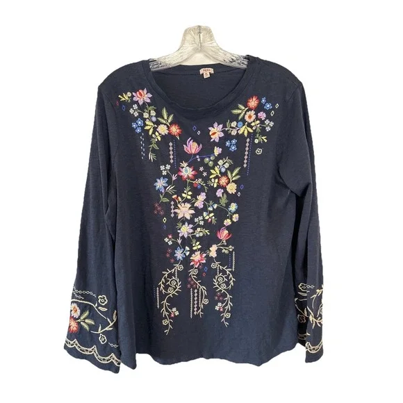 Reba Heavily Embroidered Boho Chic Artsy Festival Floral Long Sleeve Navy XL - Picture 1 of 6